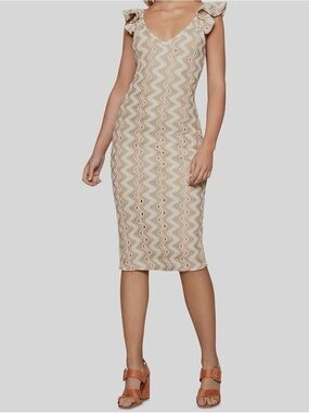 BCBGeneration Beige Zigzag Knit Midi Dress with Ruffle Straps